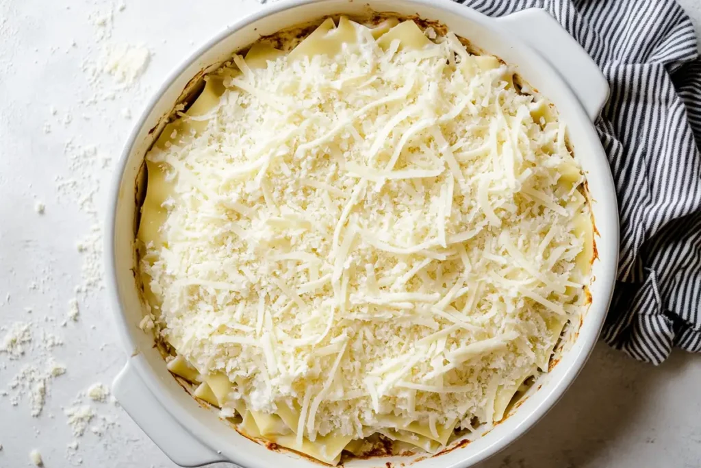  Unbaked lasagna layered with pasta, Bechamel sauce, and a generous sprinkle of shredded cheese in a round white baking dish.