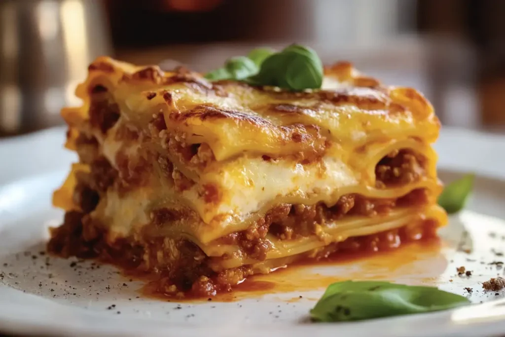 Thick, perfectly layered lasagna Bolognese with golden cheese crust and creamy layers, served on a white plate with fresh basil garnish.