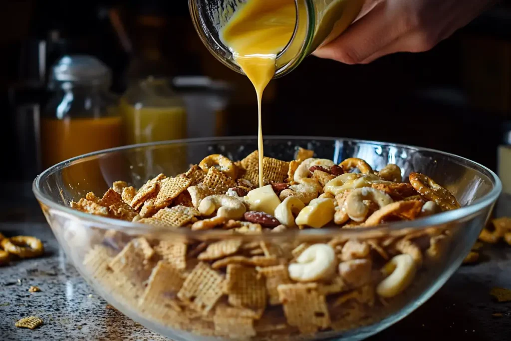 A large glass bowl filled with Chex Mix ingredients being drizzled with a buttery sauce from a jar, ready to be mixed for baking.