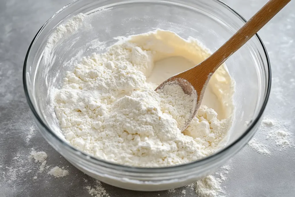 A glass mixing bowl filled with flour and liquid ingredients being mixed with a wooden spoon, showing the beginning stages of dough preparation.