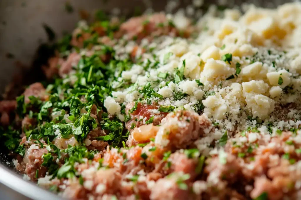 gently mixing the ingredients for an Italian Meatloaf, ensuring a tender and flavorful result.
