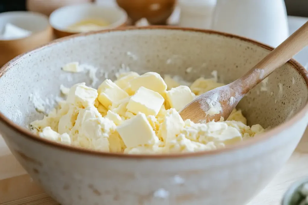 Sourdough Scones Recipe: Close-up of scone dough being mixed in a ceramic bowl with butter chunks visible.