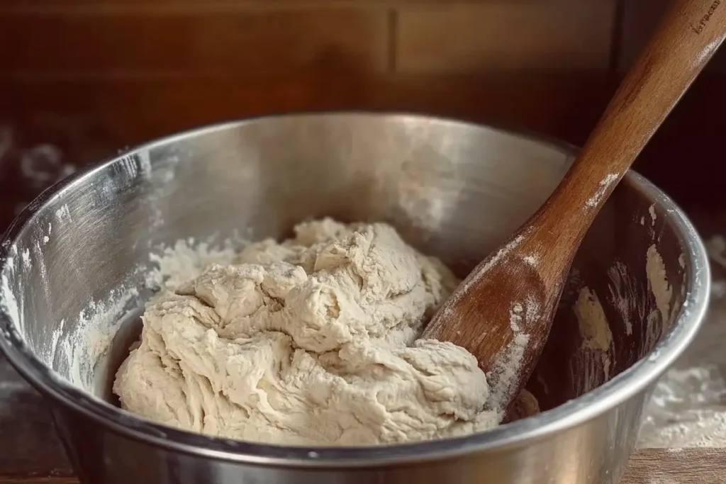 A bowl of freshly mixed sourdough dough with a wooden spatula, ready for the first rise.