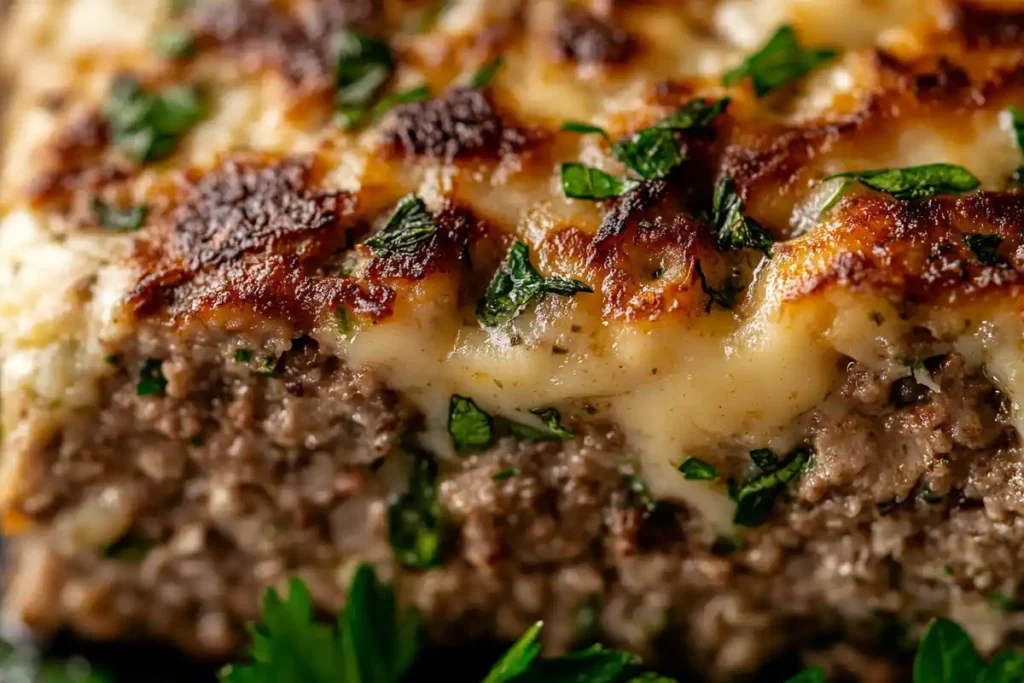 A close-up of a juicy slice of a Meatloaf, highlighting its moist texture and flavorful ingredients.