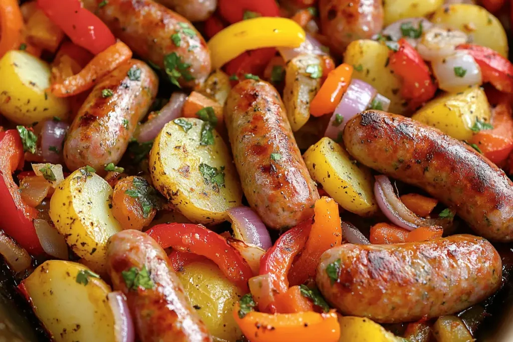 Italian sausages with bell peppers, onions, and potatoes on a sheet pan.
