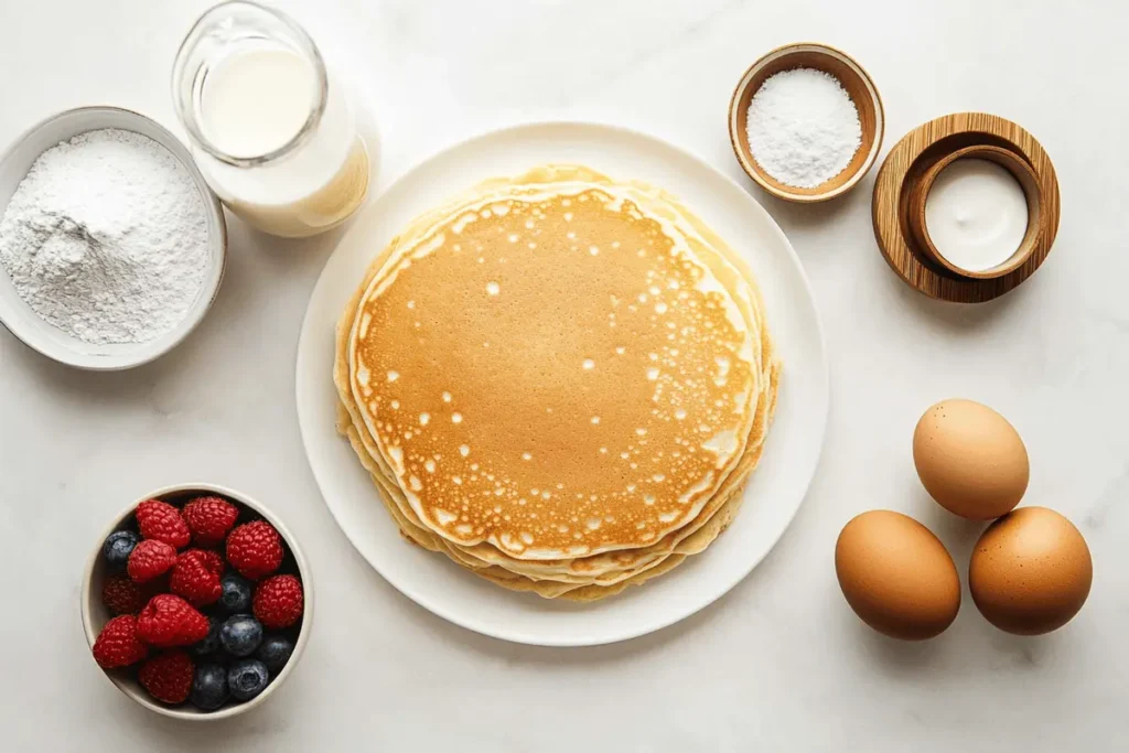 How to Make a Breakfast Casserole with Pancake Mix: A top-down view of a stack of golden pancakes on a white plate surrounded by ingredients, including flour, milk, eggs, and fresh berries on a white marble surface