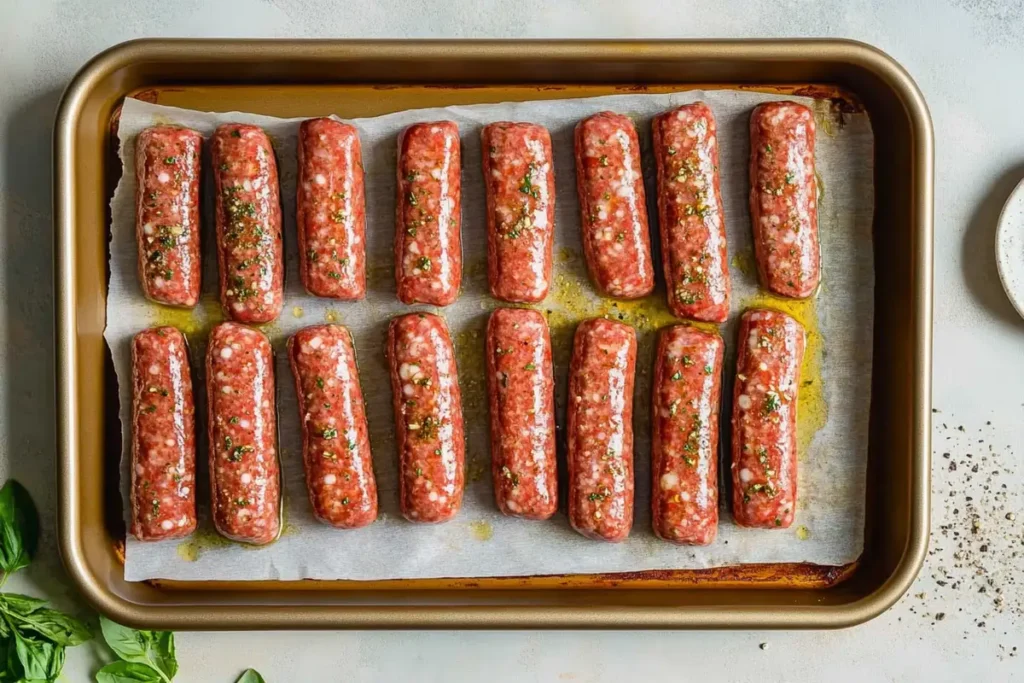 Raw Italian sausages on a baking tray seasoned with herbs and olive oil.