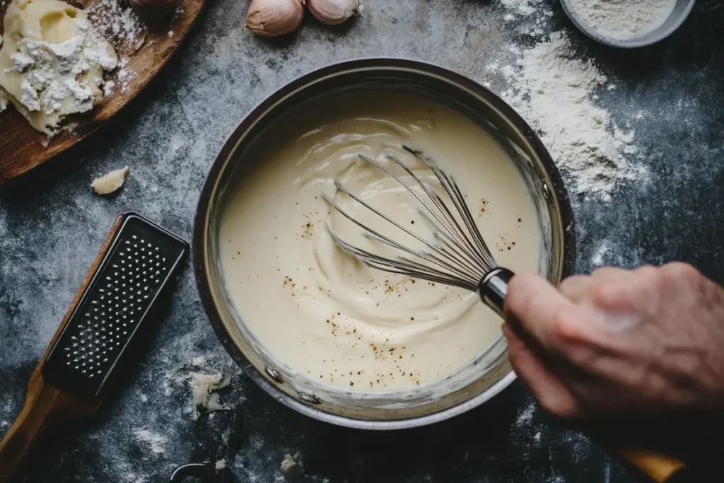 Bechamel sauce being whisked in a saucepan, with grated nutmeg and garlic cloves nearby on a dark kitchen countertop.
