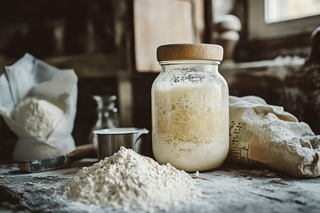 A jar of active sourdough starter with bubbles, placed on a rustic wooden countertop with flour and measuring tools.