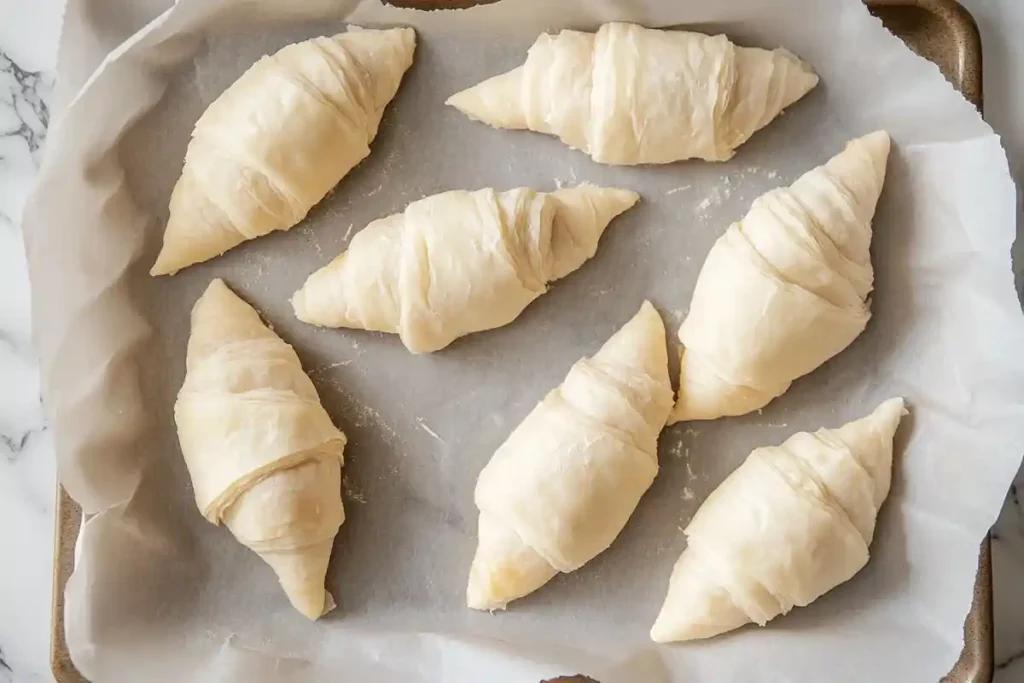 Proofed sourdough croissants arranged on parchment paper, ready to be baked to golden perfection.