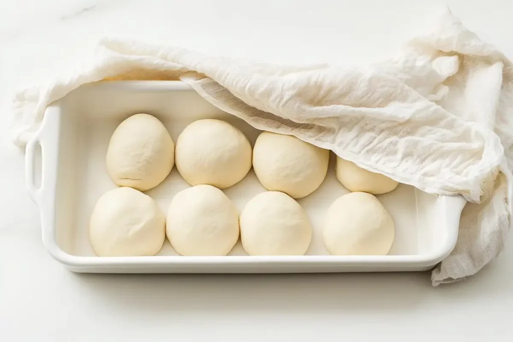 smooth, proofed sourdough discard naan dough balls in a white tray covered with a cloth.