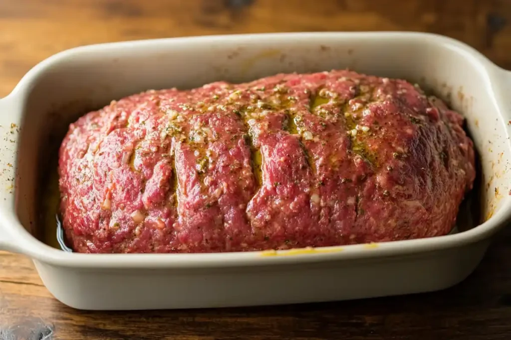  Italian Meatloaf shaped in a baking dish and drizzled with olive oil, ready for baking according to the Italian Meatloaf .