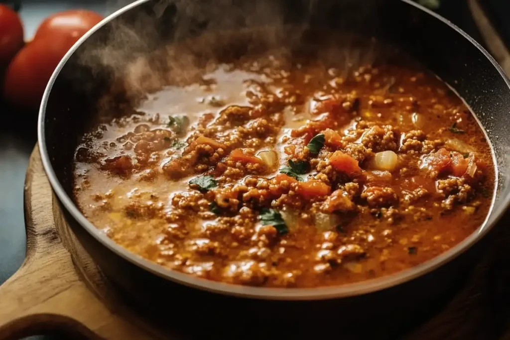 A pan of simmering Bolognese sauce with vibrant red tomatoes, ground meat, and herbs, with steam rising in warm lighting.