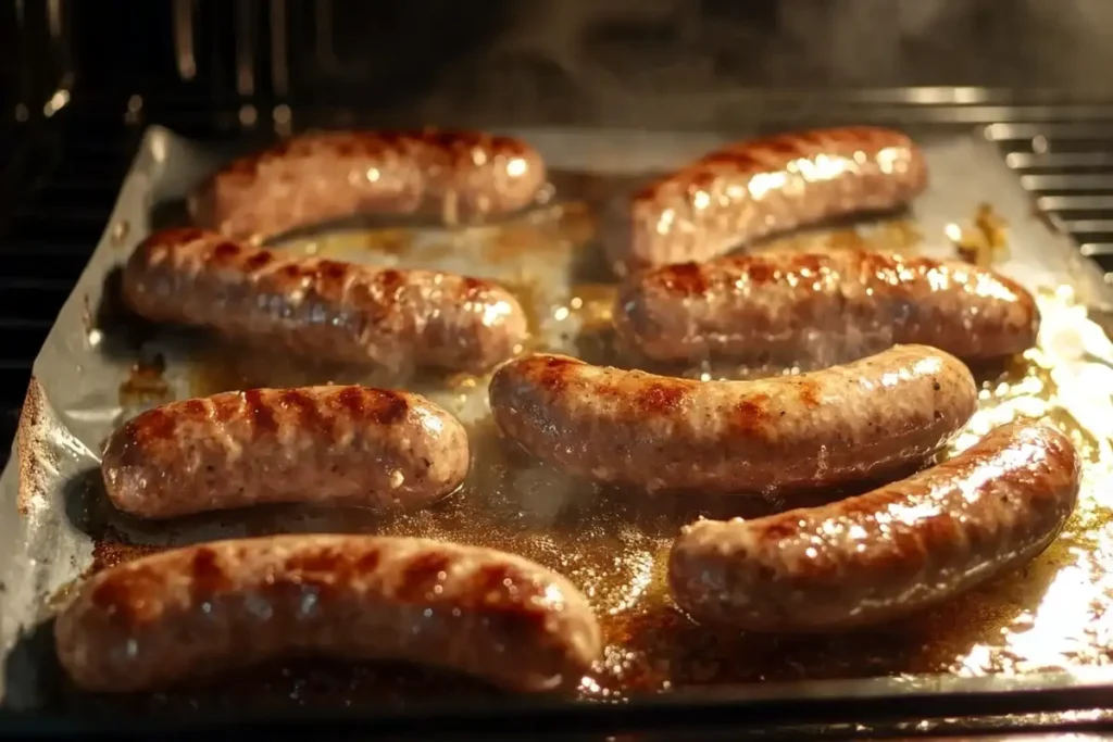 Italian sausages sizzling in the oven, turning golden brown.