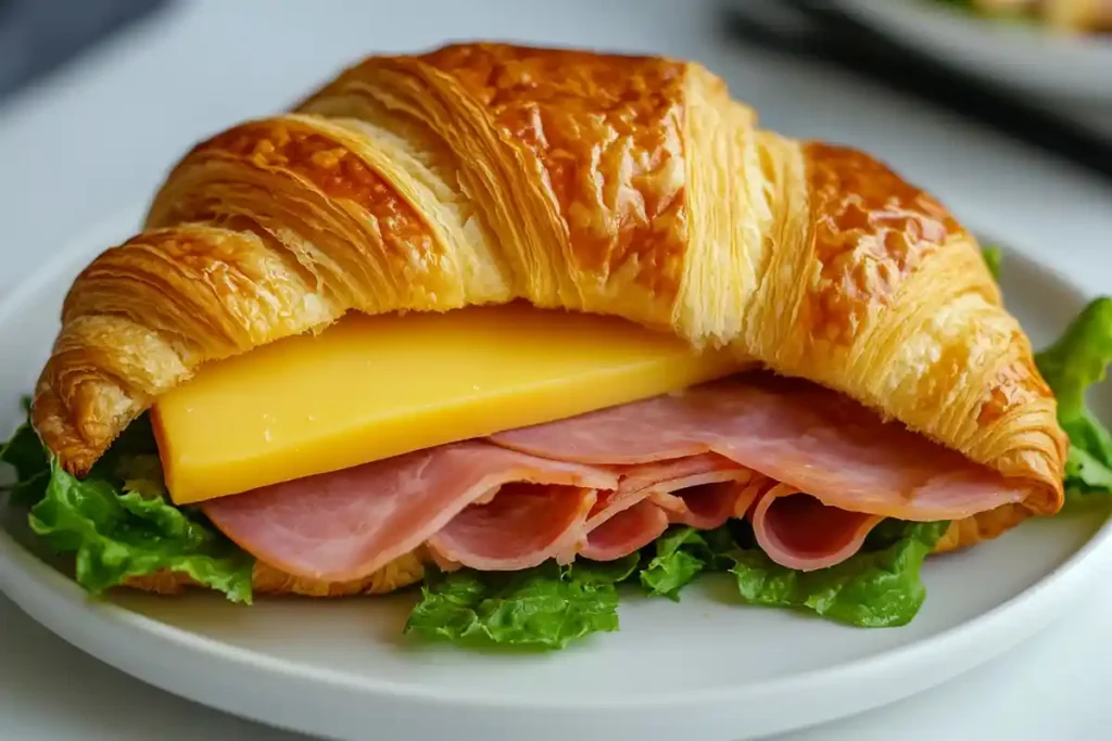 A golden sourdough croissant filled with slices of ham, cheddar cheese, and fresh lettuce, served on a white plate.