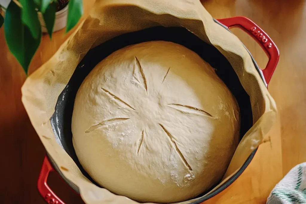 Round sourdough discard dough with star-shaped scoring in a Dutch oven lined with