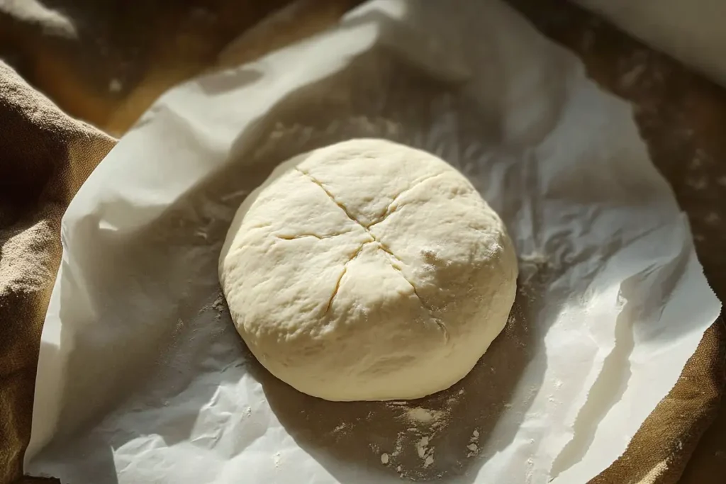 Sourdough dough ball with scored tops, placed on parchment paper and ready for the oven.