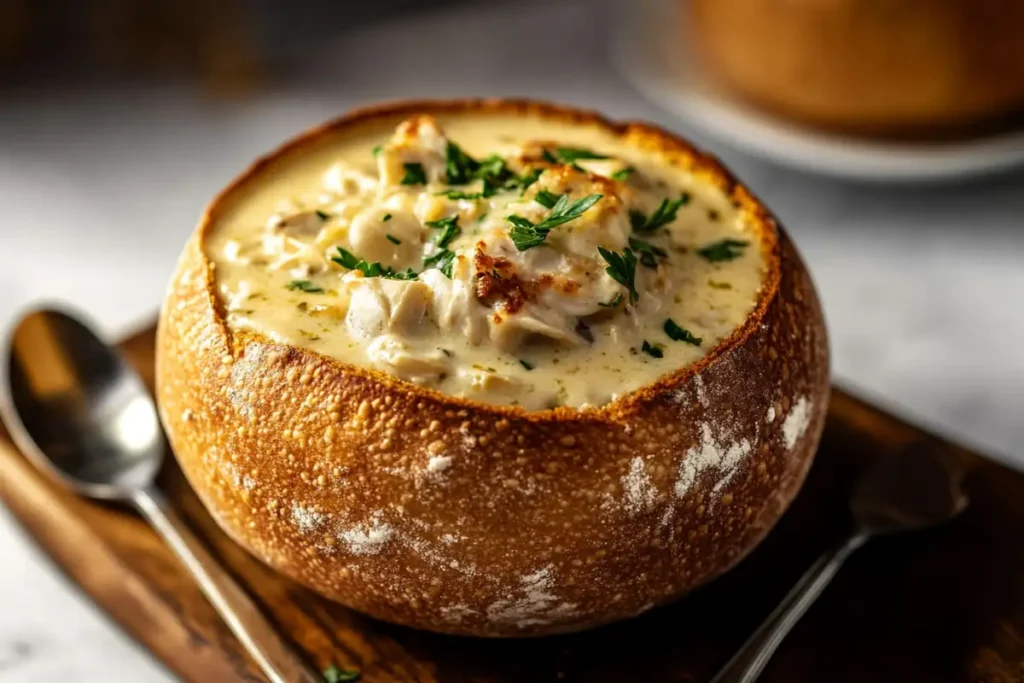 A golden sourdough bread bowl filled with creamy clam chowder, garnished with fresh parsley on a wooden board.