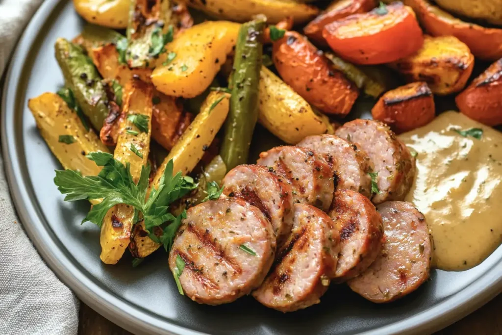 Sliced oven-baked Italian sausage served with roasted vegetables on a plate.