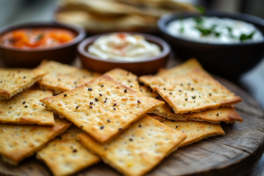 Crispy sourdough discard crackers topped with sesame seeds and black pepper, served with tomato and yogurt-based dips in wooden bowls
