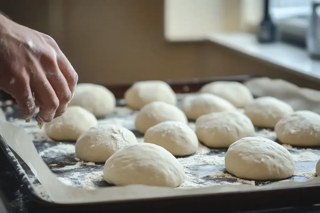 Rounded sourdough portions are shaped into individual bread bowls, arranged on a floured baking sheet.