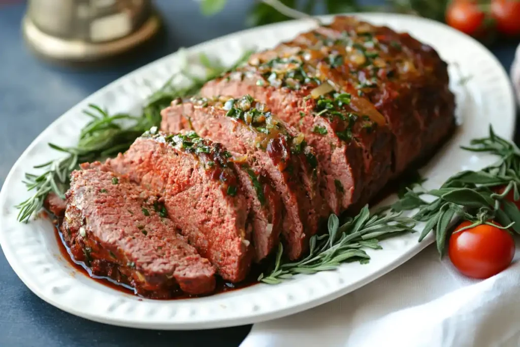 Sliced Italian Meatloaf on an oval white platter, garnished with fresh rosemary and a glossy sauce. Fresh tomatoes and a white cloth are in the background.
