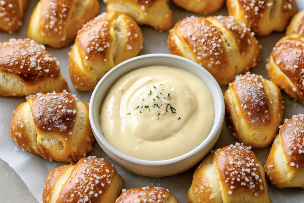 Close-up of golden brown pretzel bites sprinkled with salt, surrounding a bowl of creamy dipping sauce garnished with herbs