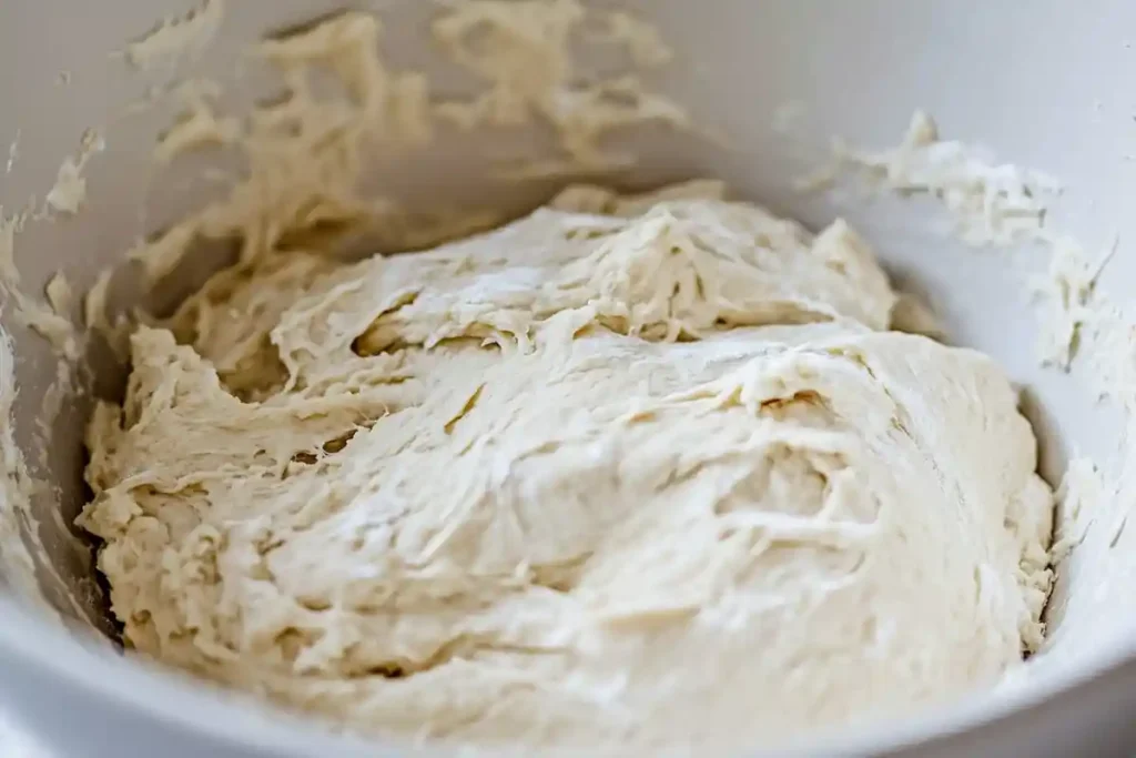 A close-up of a sticky and well-hydrated sourdough dough resting in a white mixing bowl, showing its airy texture and gluten development