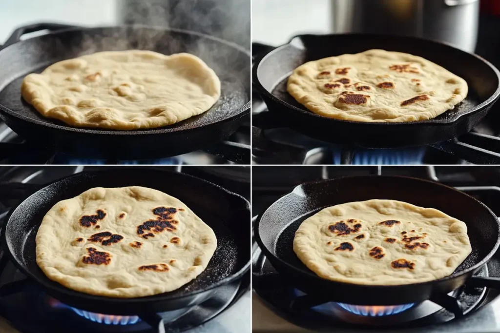 ourdough discard naan cooking on a hot skillet, showing stages from raw dough to golden-brown charred spots.