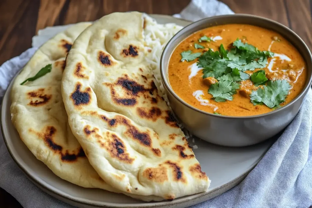 Soft sourdough discard naan served with a bowl of creamy curry garnished with fresh cilantro.
