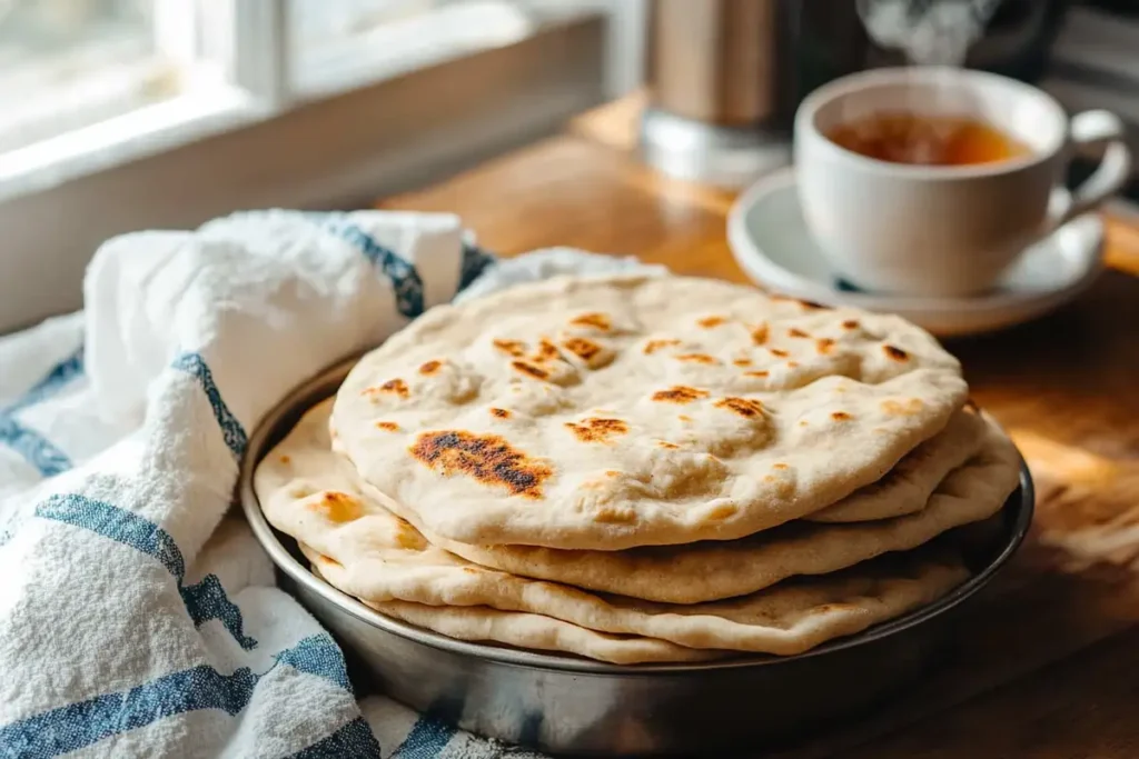 A stack of warm sourdough discard naan on a metal tray, next to a steaming cup of tea.
