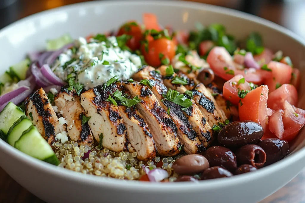 A Greek chicken bowl with grilled chicken, quinoa, olives, cucumber, cherry tomatoes, and a dollop of tzatziki sauce.