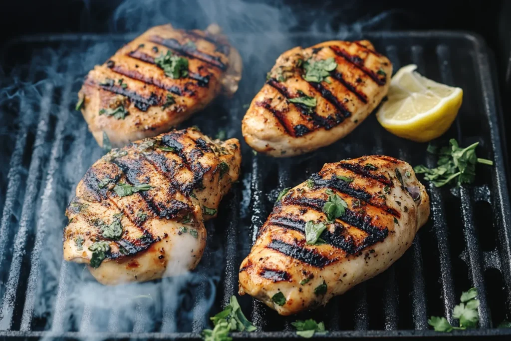 Four marinated chicken breasts grilling on a hot pan, garnished with fresh herbs and served with a lemon wedge.