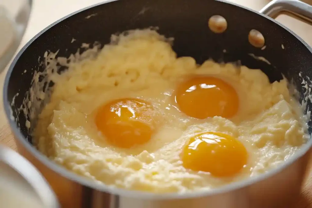 Three egg yolks sitting atop the thickened soufflé base in a saucepan, ready to be mixed for a rich and creamy texture.