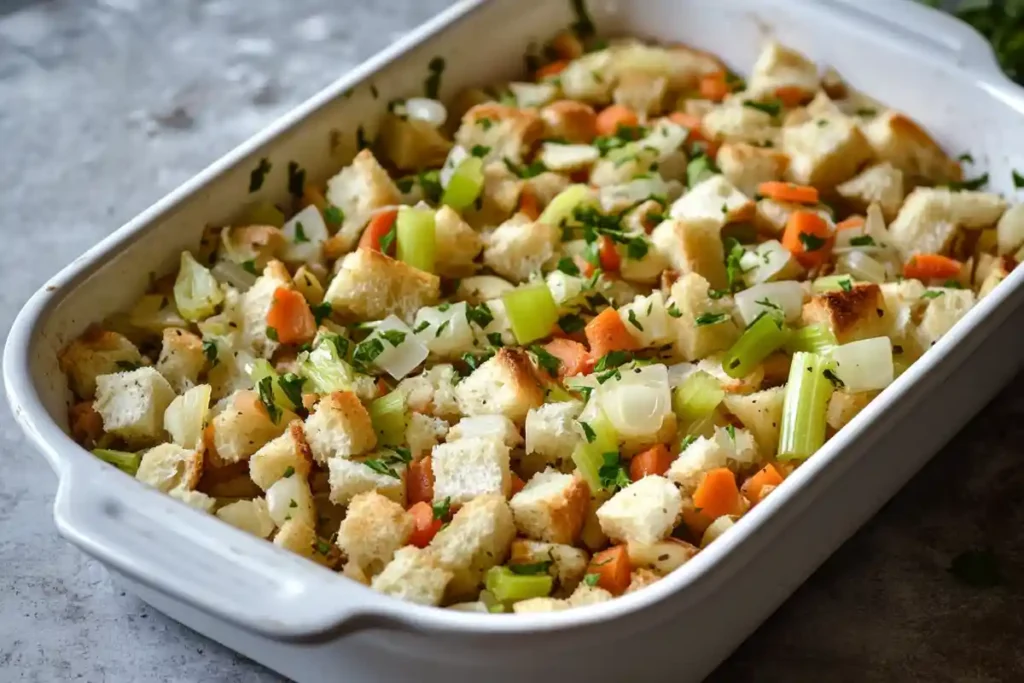 A baking dish filled with sourdough cubes, vegetables, and fresh parsley, assembled and ready to bake for a delicious stuffing recipe