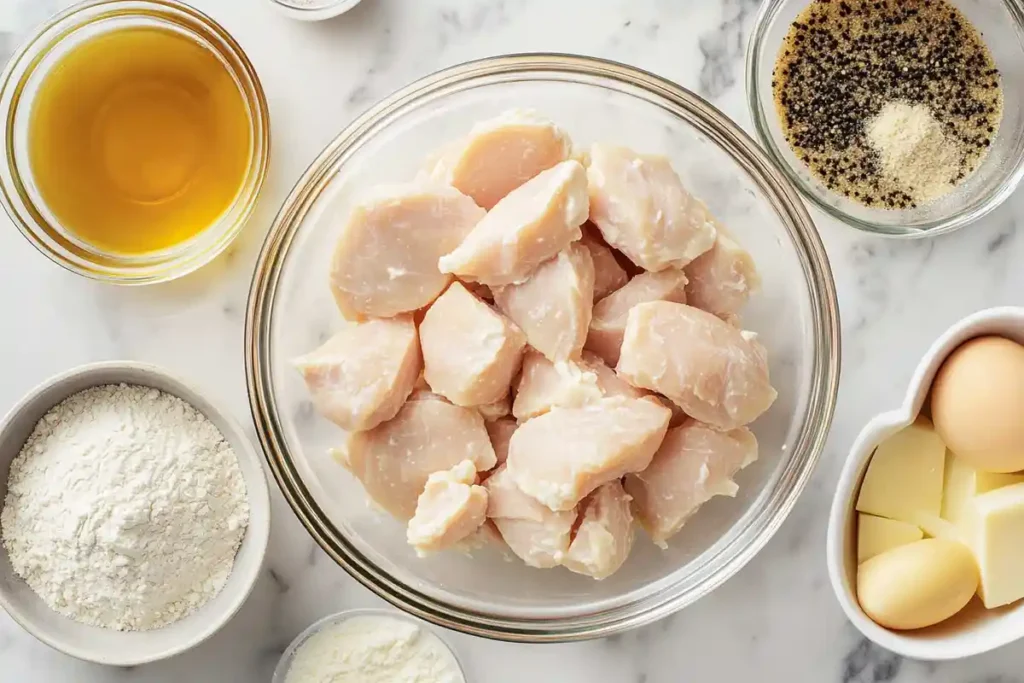 Chick-fil-A Grilled Nuggets Recipe: Fresh diced chicken breast with flour, oil, eggs, Parmesan cheese, and black pepper