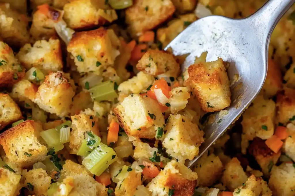 A close-up of crispy sourdough stuffing, showing the golden edges, tender vegetables, and fresh herbs in every bite.