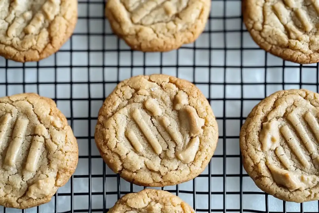 Freshly baked sourdough discard peanut butter cookies cooling evenly on a wire rack.