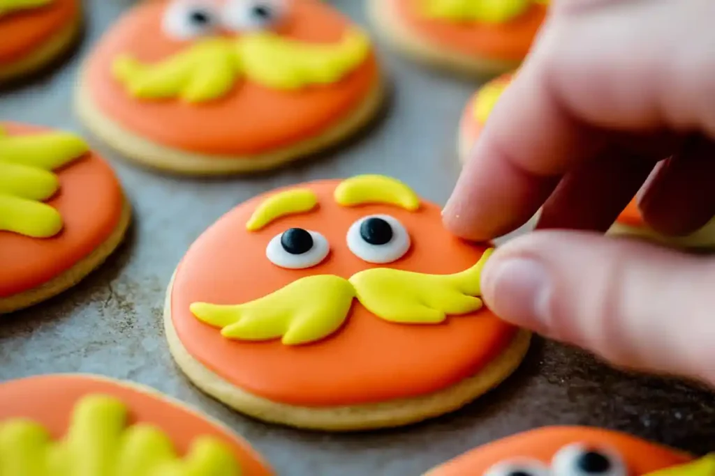 Lorax Cookie Recipe: Lorax cookies in the decoration stage with bright icing and piping bags creating intricate details.