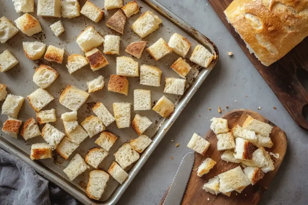 Cubes of sourdough bread on a baking sheet, lightly golden from oven drying, ready for making stuffing.