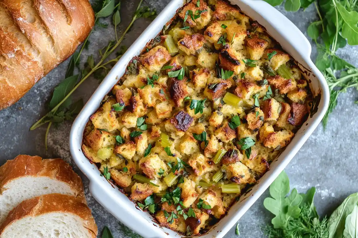 A perfectly baked sourdough stuffing, golden brown and garnished with parsley, sitting in a white casserole dish ready to serve.