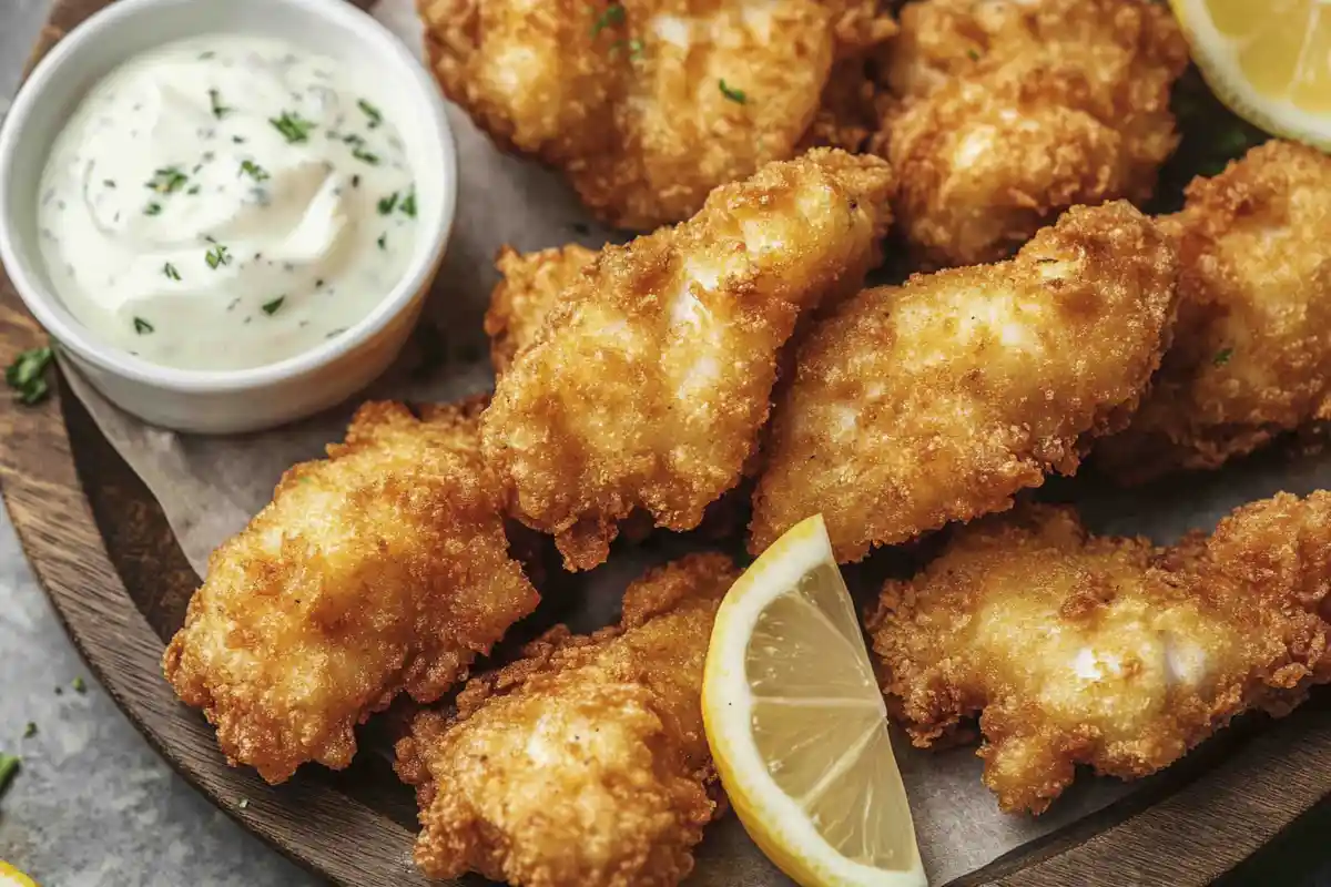 Crispy golden battered fish fillets made with Long John Silver's Batter, served with tartar sauce and lemon wedges on a wooden platte