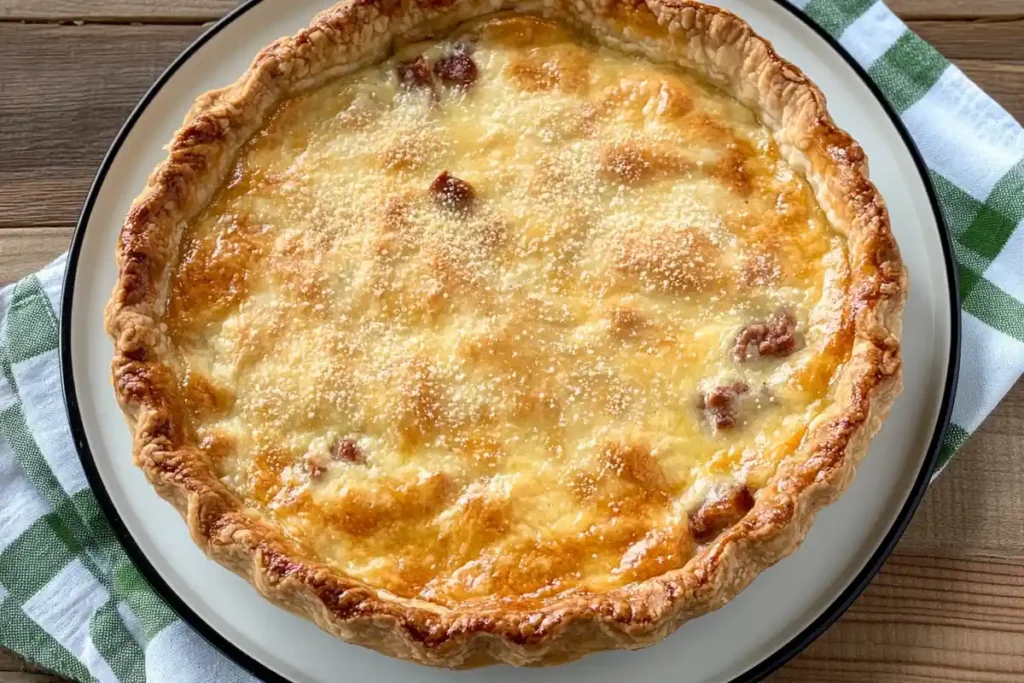An Italian Easter Pie on a plate with a perfectly golden crust and a sprinkle of Parmesan cheese on top.
