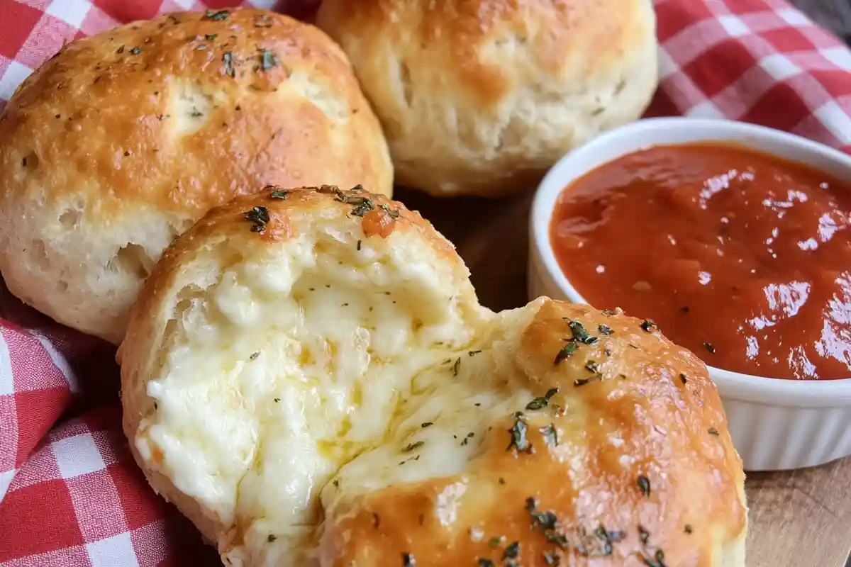 Warm garlic butter cheese bomb with gooey melted cheese inside, served with marinara sauce on a red checkered napkin.