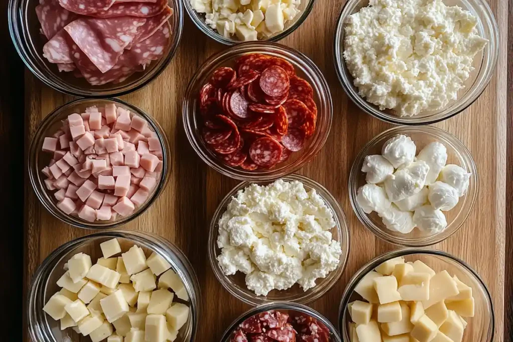 An assortment of cured meats, cheeses, and ricotta displayed in glass bowls on a wooden board, showcasing the main ingredients for Italian Easter Pie.
