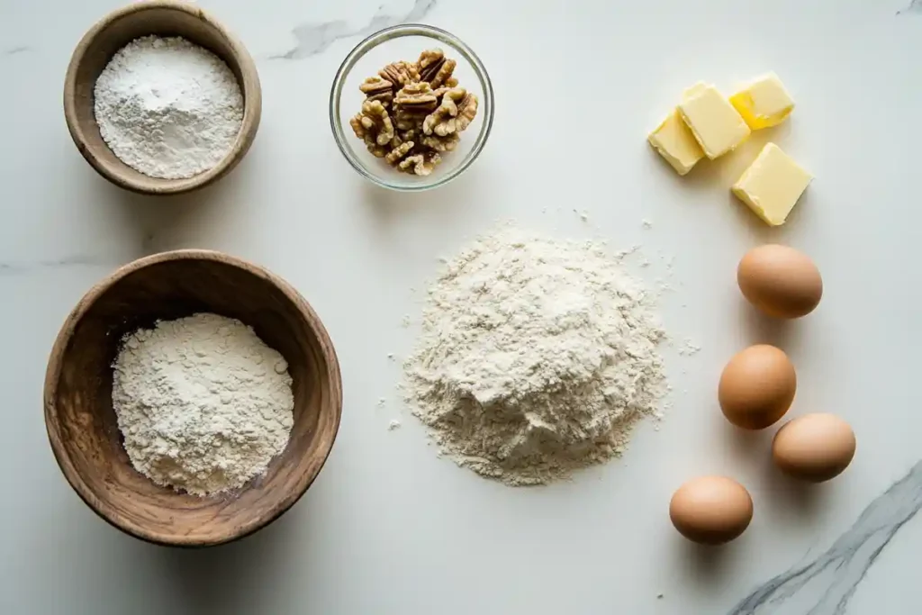 A flat lay of ingredients for sourdough banana nut bread recipe, including flour, eggs, butter, and walnuts on a white surface.