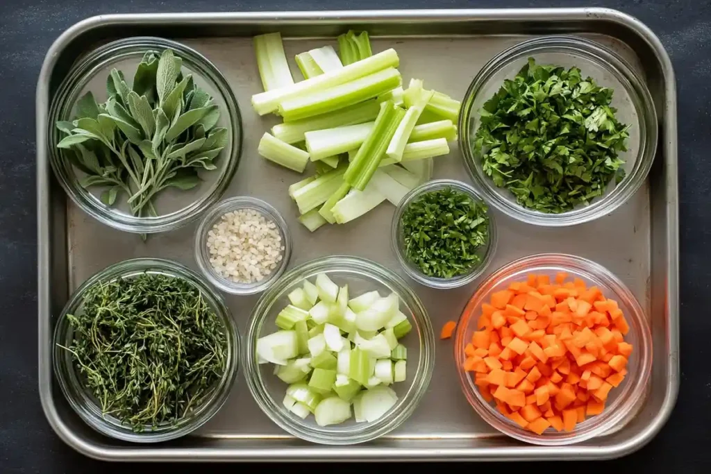 A tray of fresh ingredients for sourdough stuffing, including celery, carrots, onions, parsley, thyme, sage, and garlic, neatly organized in bowls.