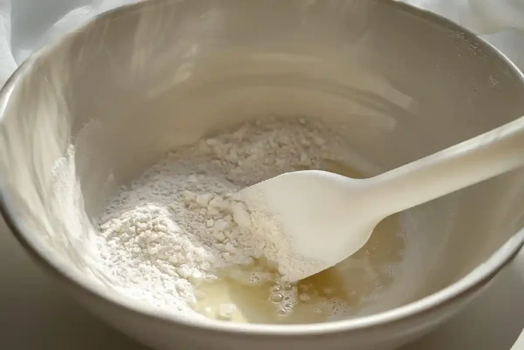 A bowl with flour and water being mixed to create dough for sourdough hoagie rolls.