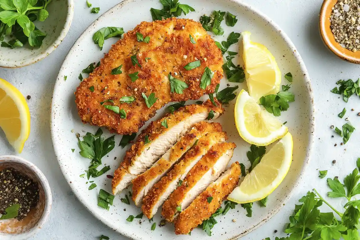 A plate of perfectly crispy baked chicken cutlets garnished with fresh parsley and served with lemon wedges, alongside a small dish of ground pepper and herbs in the background