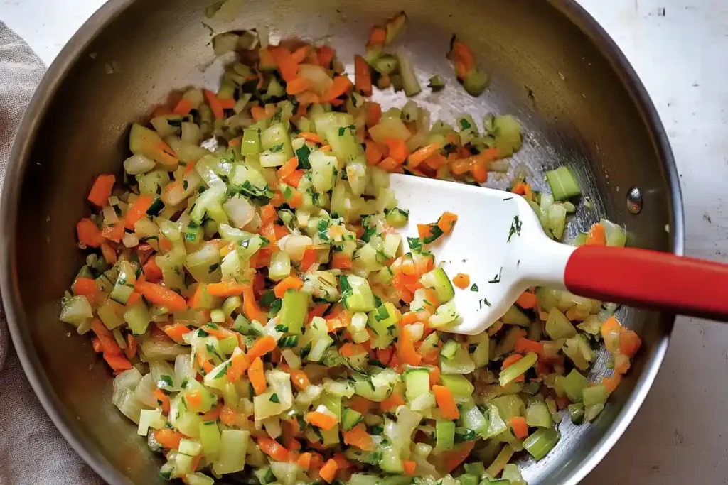 A skillet with sautéed onions, celery, and carrots mixed with fresh parsley, creating the aromatic base for a sourdough stuffing recipe.